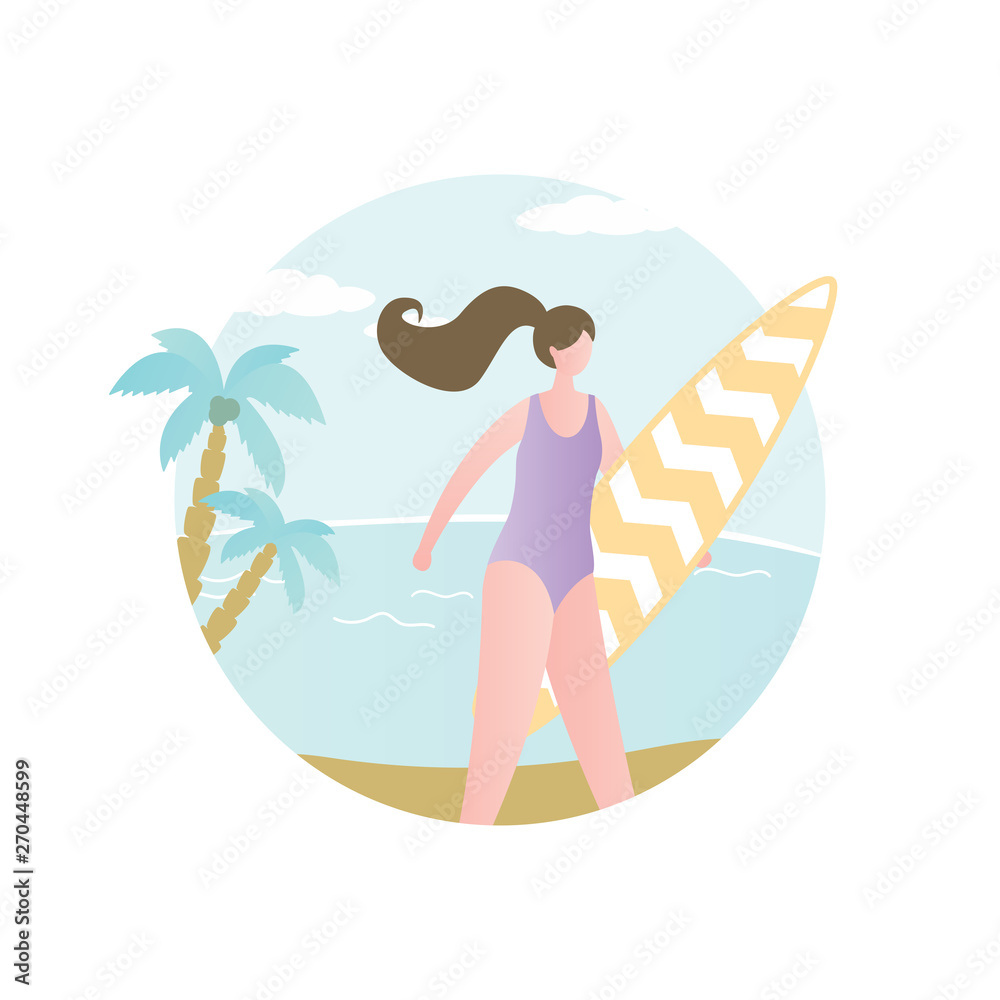 Beauty girl with serfboard on beach,tropical card with female charater