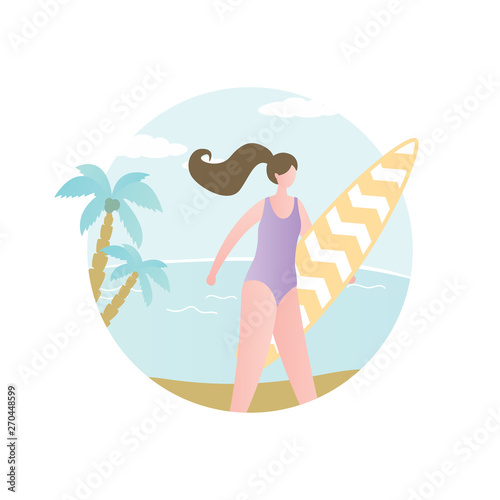 Beauty girl with serfboard on beach,tropical card with female charater