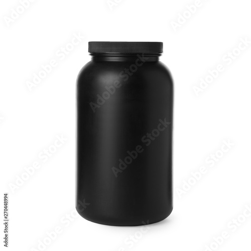 Black jar with protein powder on white background