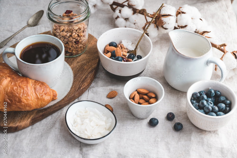 Breakfast table with coffee, croissant, granola, nuts, berries and milk. Flat lay, healthy eating concept. Breakfast table with coffee, croissant, granola, nuts, berries and milk. Flat lay, healthy eating concept.