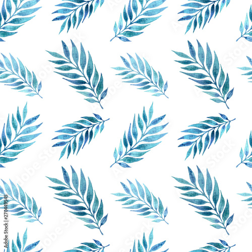 Seamless watercolor pattern with large blue leaves on a white background. Illustration for fabrics, posters, postcards, packaging paper, clothing