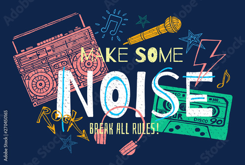 Music slogan graphic for t shirt design posters retro prints. Radio, headphones, microphone, notes, rock and roll, musical party. Hand drawn vector illustration.