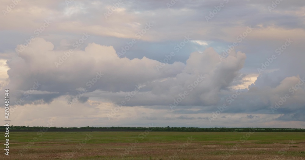 field before rain. clouds fly low over the field and forest. beautiful evening sky. Rain clouds at wild field at spring. Time lapse.