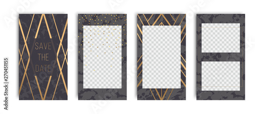 Editable instagram story template set of marble texture backgrounds with gold frames. Vector illustraton pack