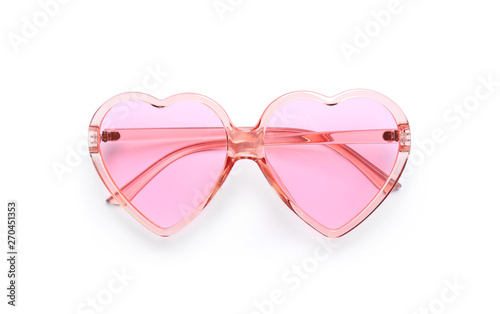 Stylish heart shaped glasses on white background