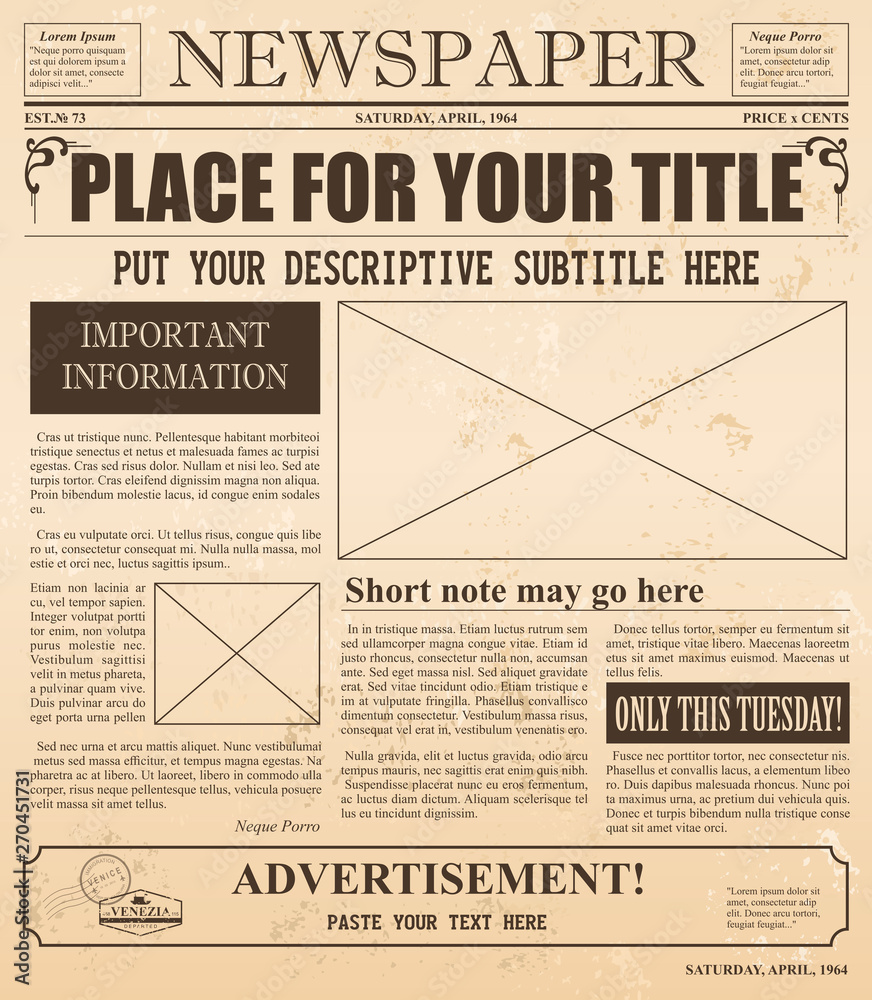 Vector illustration of old newspaper retro design. Vintage background with  place for text and images. Stock Vector | Adobe Stock
