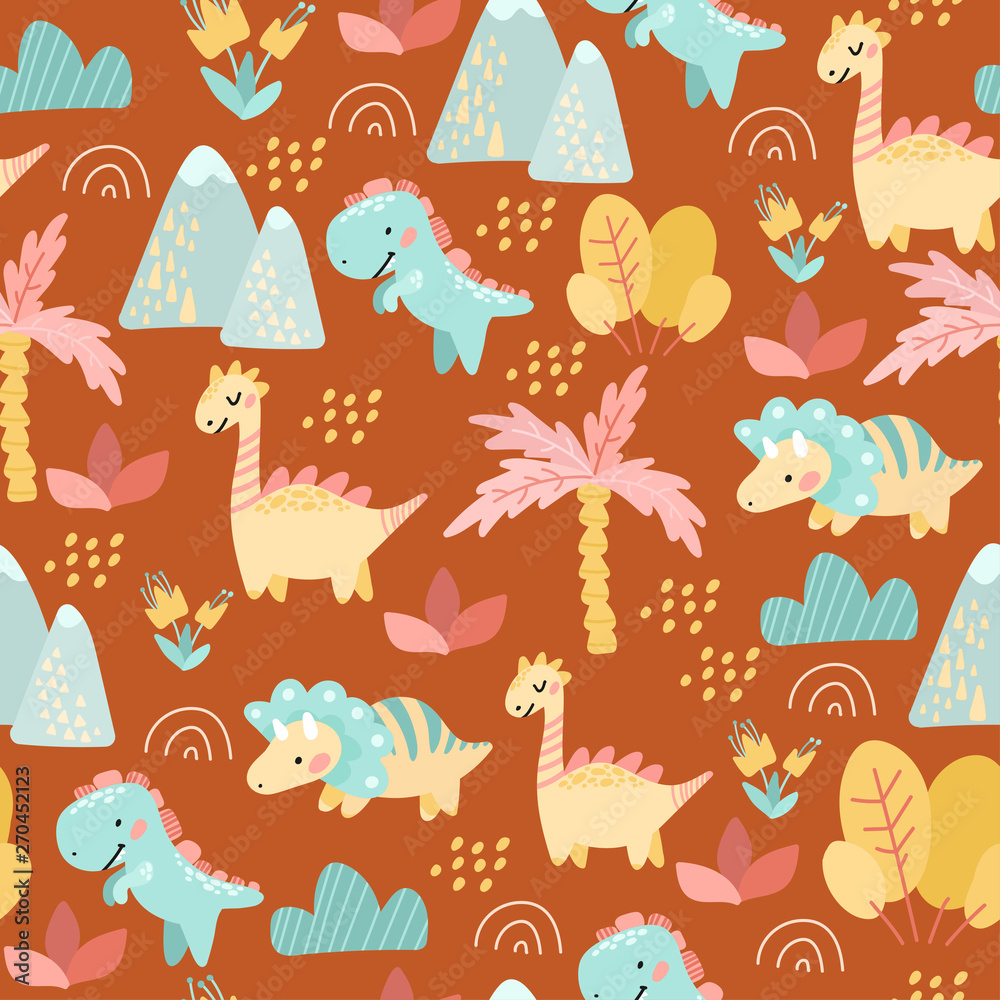 Obraz premium seamless pattern. drawing hands of cute dinosaurs, plants, flowers, nature. Prehistoric period. Vector illustration. Cute design for boys and girls