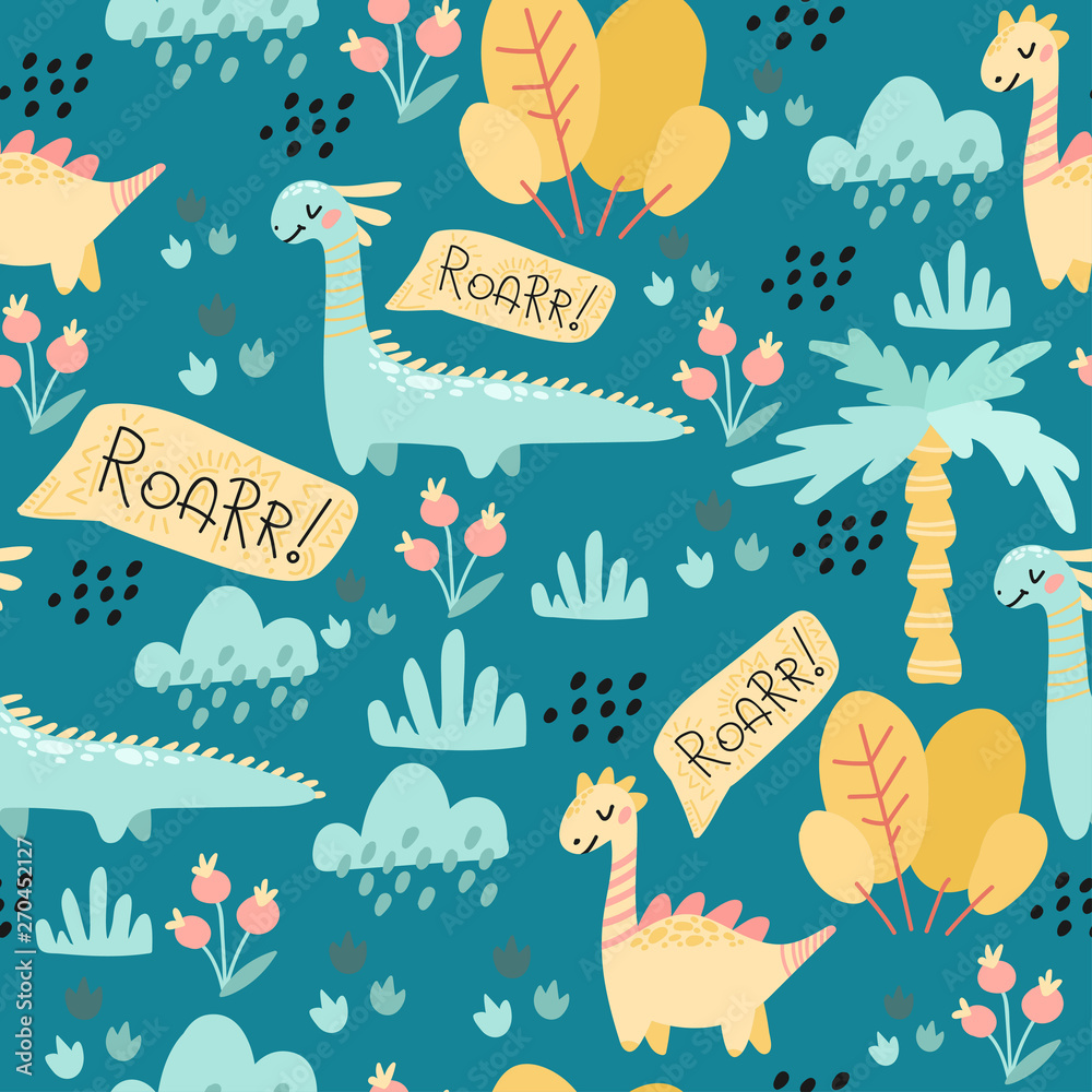 Seamless Pattern Drawing Hands Of Cute Dinosaurs Plants Flowers seamless-pattern-drawing-hands-of-cute-dinosaurs-plants-flowers