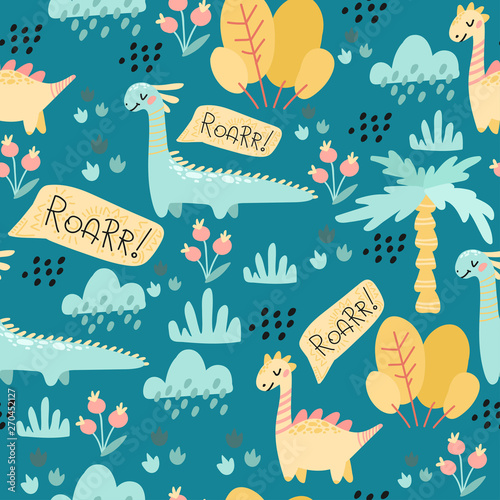 seamless pattern. drawing hands of cute dinosaurs, plants, flowers, nature. Prehistoric period. Vector illustration. For kids fabric, textile, wallpaper