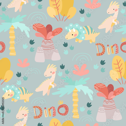 seamless pattern. drawing hands of cute dinosaurs  plants  flowers  nature. Prehistoric period. Vector illustration. For kids fabric  textile  wallpaper