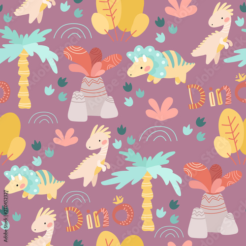 seamless pattern. drawing hands of cute dinosaurs, plants, flowers, nature. Prehistoric period. Vector illustration. Cute design for boys and girls