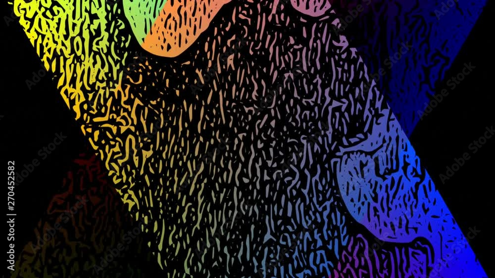 Background of the 2D graphic motif that rotates in a clockwise and counterclockwise direction composed of several designs with a multi-colored texture. Abstract circular and hexagonal shapes. 