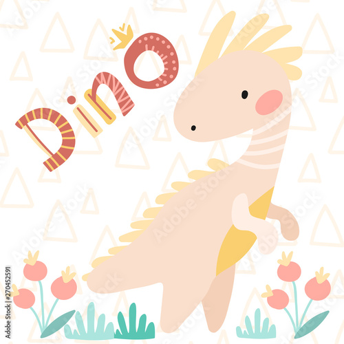 Children's card. Vector illustrations. Cute kids cartoon dinosaur. Prehistoric period. simple scandinavian child design