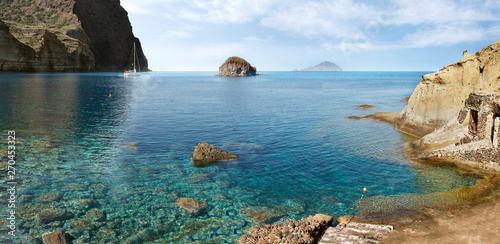 Fototapeta Naklejka Na Ścianę i Meble -  Sicily, Italy, the crystal sea of Aeolian island. Salina, a wonderfull panoramic view from Pollara beach.