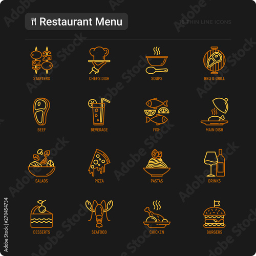 Restaurant menu thin line icons set: starters, chef dish, BBQ, soup, beef, steak, beverage, fish, salad, pizza, wine, seafood, burger. Modern vector illustration.