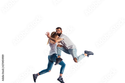 Woman and man doing gymnastics