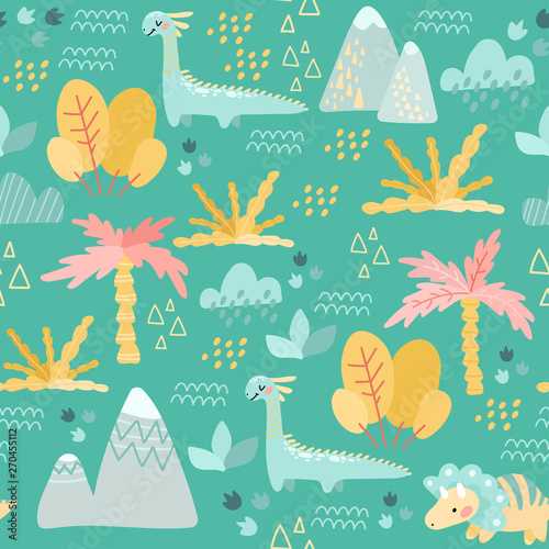 Seamless pattern. Prehistoric period. Cartoon Scandinavian vector illustration. For children's fabrics, wallpaper, textiles. Cute childish ornament with dinosaurs, plants, flowers, nature on a green b