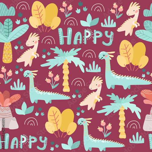 Seamless pattern. Prehistoric period. Cartoon Scandinavian vector illustration. For children s fabrics  wallpaper  textiles. Cute childish ornament with dinosaurs  plants  flowers  nature on a burgund