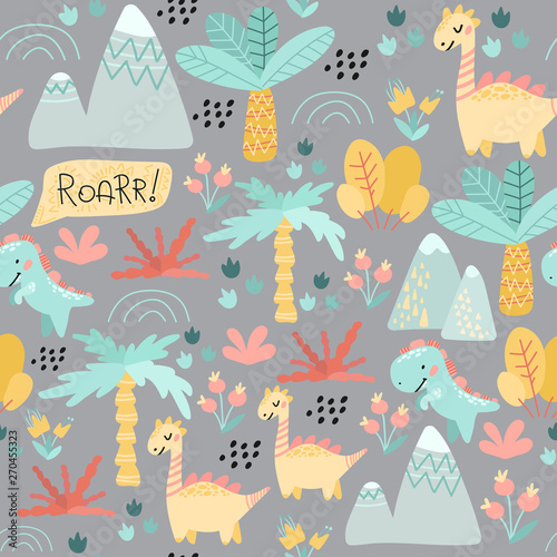 Seamless pattern. Prehistoric period. Cartoon Scandinavian vector illustration. For children's fabrics, wallpaper, textiles. Cute childish ornament with dinosaurs, plants, flowers, nature on a gray ba