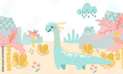 Greeting card. Prehistoric period. Cartoon Scandinavian vector illustration. For children's parties, parties. Cute childish landscape in the afternoon with dinosaurs, mountains, palm trees, plants, fl