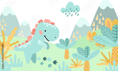 Greeting card. Prehistoric period. Cartoon Scandinavian vector illustration. For children s parties  parties. Cute childish landscape in the afternoon with dinosaurs  mountains  palm trees  plants  fl