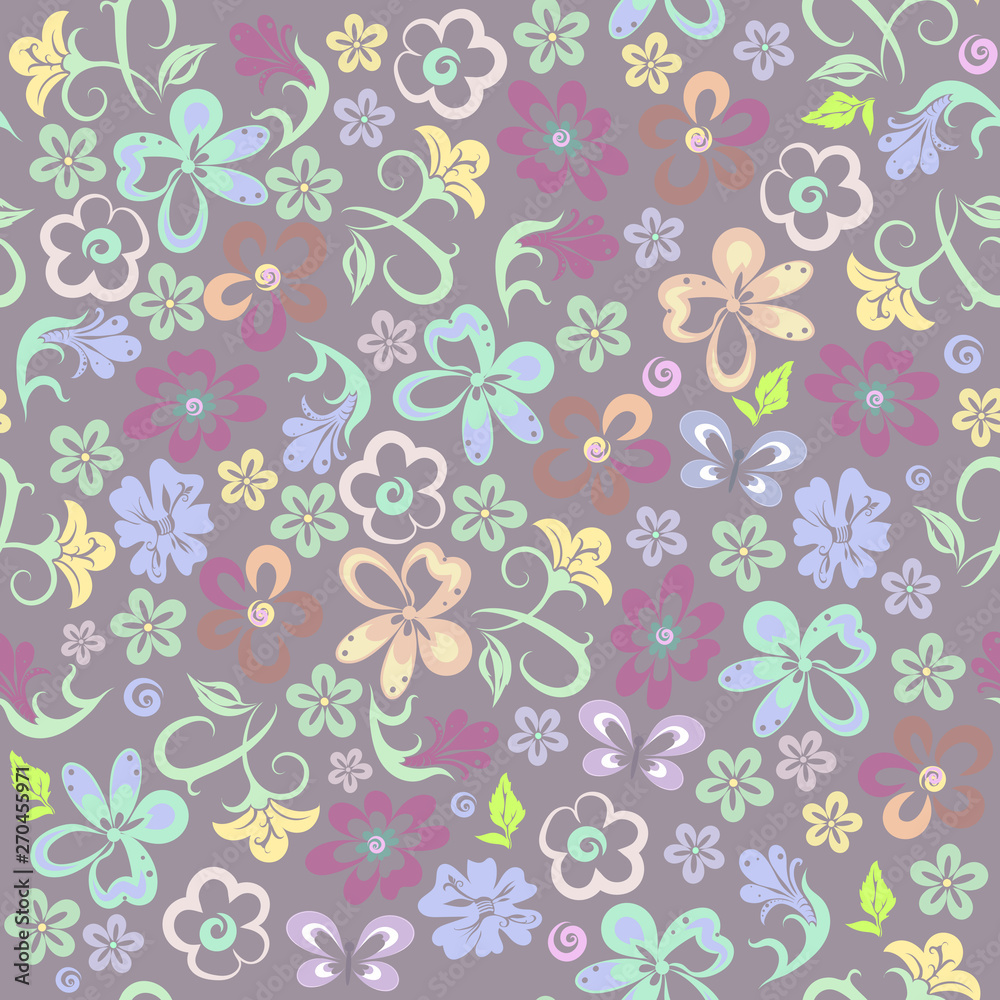 Vector floral pattern in pastel colors for textile design. Set of different small decorative flowers.