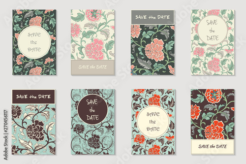 Vector collection of 8 greeting, invitation cards or flyers. Floral chinese hand drawn antique background in vintage style with flowers, design layout for decoration, cards, brochure etc.