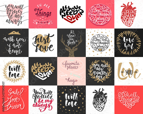 Set of 20 vector love and romantic lettering posters, greeting cards, decoration, prints, t-shirt design. Hand drawn typography. Handwritten lettering. Modern ink brush calligraphy.