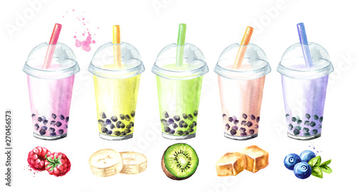Refreshing fruit milky bubble boba tea flavors with tapioca pearls. Food concept. Watercolor hand drawn illustration  isolated on white background