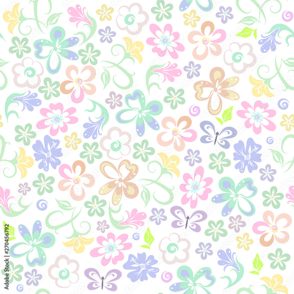 Vector floral pattern in pastel colors for fabric design, wallpaper, print production. Set of different small decorative flowers.