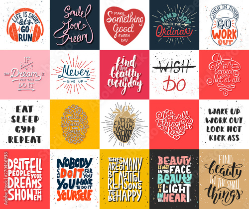 Set of 20 vector motivational and inspirational lettering posters, greeting cards, decoration, prints, t-shirt design. Hand drawn typography. Handwritten lettering. Modern ink brush calligraphy.