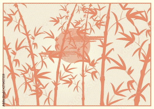 vector red background of bamboo branches with foliage in vintage style old manga with printing grid. A4 format