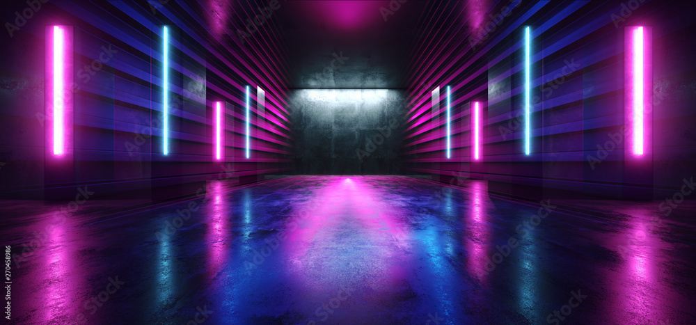 Neon Lights Futuristic Sci Fi Purple Blue Line Shaped Glowing Vibrant Empty Space Grunge Concrete Tunnel Corridor Stage Spaceship Garage Underground 3D Rendering Neon Lights Futuristic Sci Fi Purple Blue Line Shaped Glowing Vibrant Empty Space Grunge Concrete Tunnel Corridor Stage Spaceship Garage Underground 3D Rendering