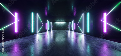 Fototapeta Naklejka Na Ścianę i Meble -  Neon Lights Futuristic Sci Fi Purple Blue Arrow Shaped Glowing Vibrant Empty Space Grunge Concrete Tunnel Corridor Stage Spaceship Garage Underground 3D Rendering