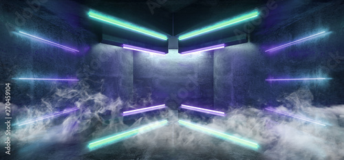 Smoke Sci Fi Futuristic Arrow Shaped Neon Lights Glowing Vibrant Blue Purple Corridor Grunge Concrete Dark Reflective Virtual Podium Garage Stage Udnerground Spaceship 3D Rendering