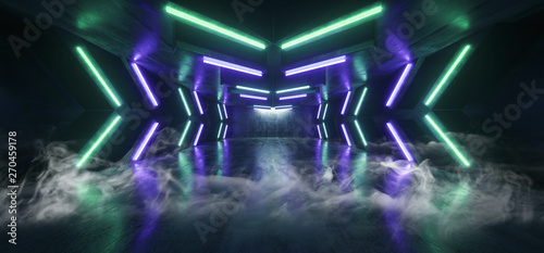 Smoke Sci Fi Futuristic Arrow Shaped Neon Lights Glowing Vibrant Blue Green Corridor Grunge Concrete Dark Reflective Virtual Podium Garage Stage Udnerground Spaceship 3D Rendering © IM_VISUALS