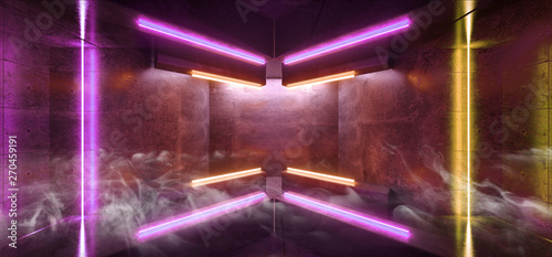 Smoke Sci Fi Futuristic Arrow Shaped Neon Lights Glowing Vibrant Yellow Purple Corridor Grunge Concrete Dark Reflective Virtual Podium Garage Stage Udnerground Spaceship 3D Rendering