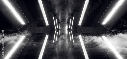 Smoke Sci Fi Futuristic Arrow Shaped Neon Lights Glowing White Corridor Grunge Concrete Dark Reflective Virtual Podium Garage Stage Udnerground Spaceship 3D Rendering