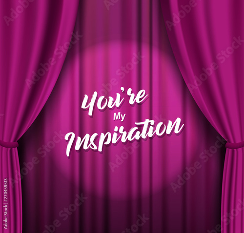 Theater stage with purple heavy curtain with text.
