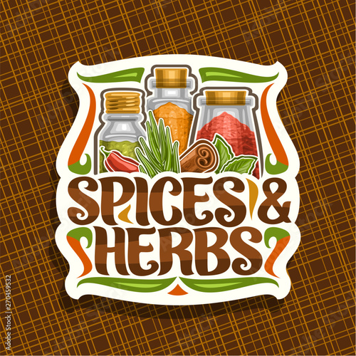 Vector logo for Spices and Herbs, decorative cut paper sign with illustration of set indian dry seasonings in glass boxes, signage with flourishes and original brush typeface for words spices & herbs.