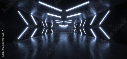 Fototapeta Naklejka Na Ścianę i Meble -  Futuristic Arrow Shaped Neon Lights Glowing Vibrant Blue Corridor Grunge Concrete Dark Reflective Virtual Podium Garage Stage Udnerground Spaceship 3D Rendering