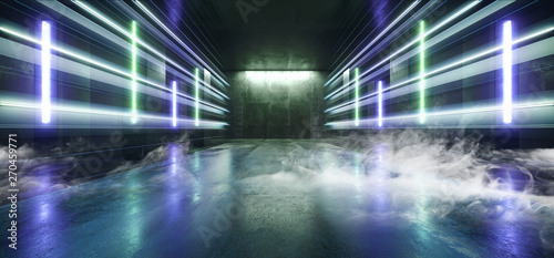 Smoke Stage Club Neon Lights Futuristic Sci Fi Blue Purple Shaped Glowing Vibrant Empty Space Grunge Concrete Tunnel Corridor Stage Spaceship Garage Underground 3D Rendering