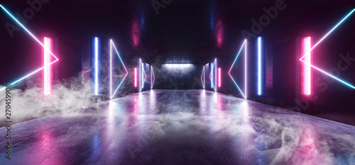 Smoke Neon Lights Futuristic Sci Fi Purple Blue Arrow Shaped Glowing Vibrant Empty Space Grunge Concrete Tunnel Corridor Stage Spaceship Garage Underground 3D Rendering
