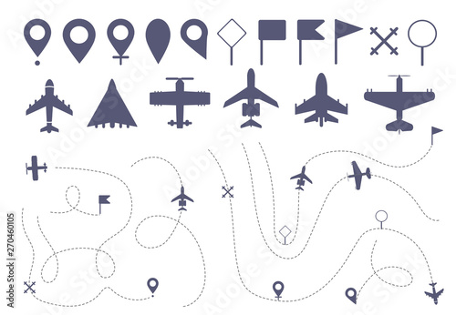 Set of simple plane route line. Different planes dotted line trail directions, flight pathway direction map builder and airplane. Dot dashes travel flights destination track isolated icons vector set