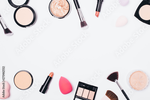 Flat lay frame of makeup products