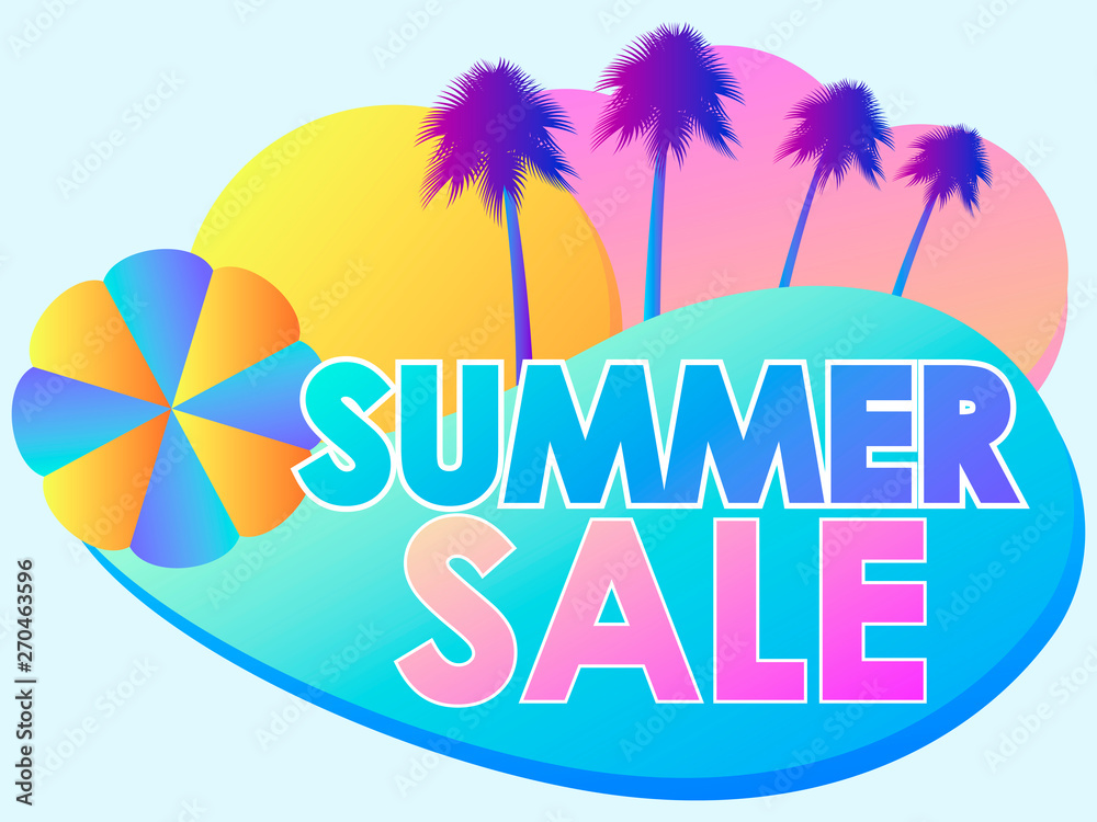 Obraz premium Summer sale liquid abstract shapes and palm trees. Gradient violet fluid shapes isolated on white background. Vector illustration