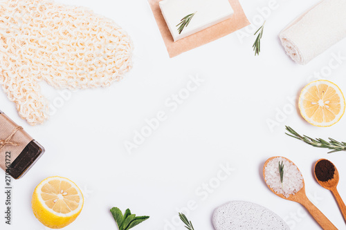 Flat lay frame of anti-cellulite natural cosmetics