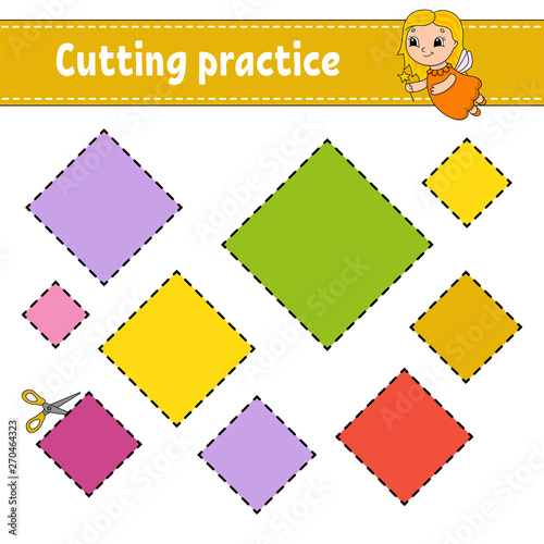 Cutting practice for kids. Education developing worksheet. Activity page with pictures. Game for children. Isolated vector illustration. Funny character. Cartoon style.