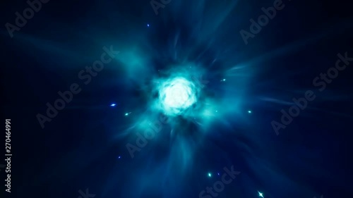 A seamless loop of interstellar travel through a blue wormhole filled with shiny stars. Abstract warp in science fiction hyperspace tunnel. Looped realistic 3D animation. photo