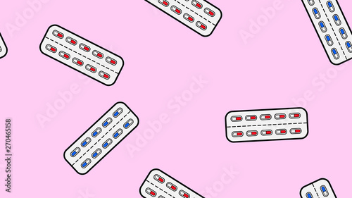 Seamless pattern endless texture of red and blue medical medicinal pharmaceutical-capsules tablets in plate packaging on a pink background. Vector illustration